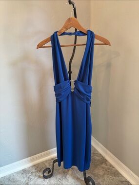 Cache Royal Blue Backless Halter Dress with Ring Detail